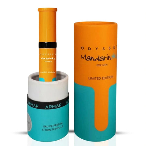 Odyssey Mandarin Sky Eau de Parfum spray by Armaf, 10ml bottle with sleek packaging and orange accents.