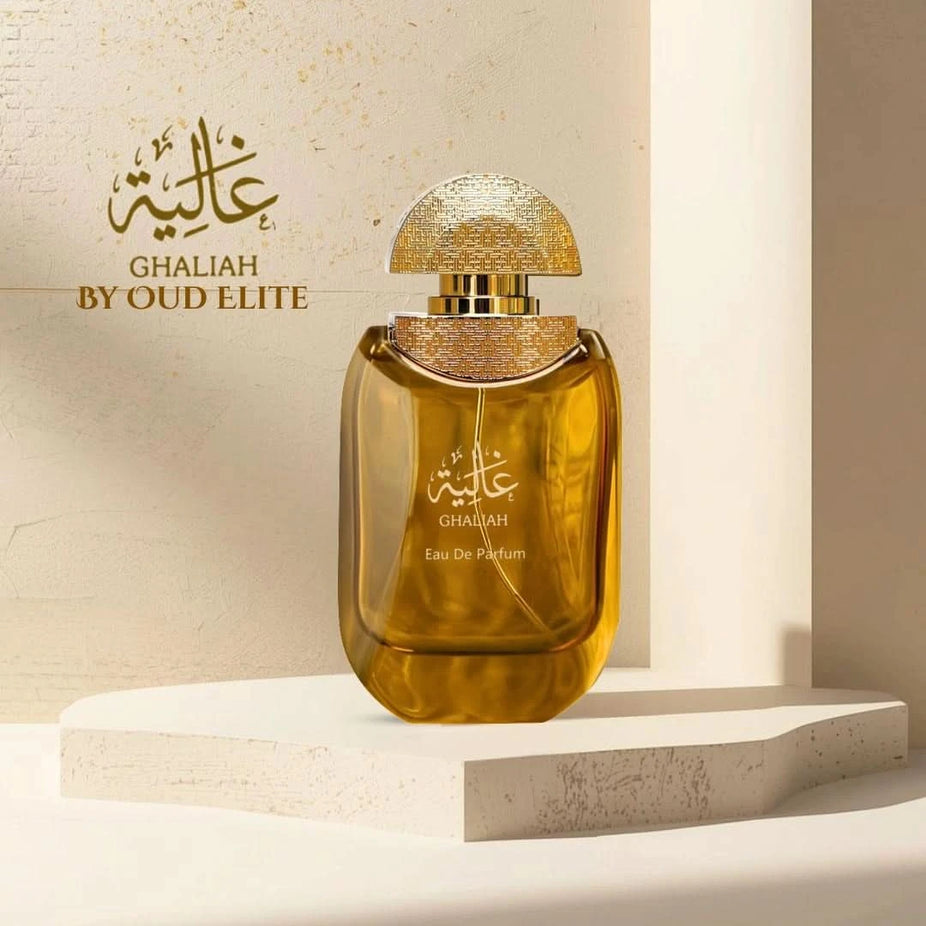 Ghaliah Eau de Parfum Spray by Oud Elite, 100ml bottle, elegant packaging, showcasing the perfume bottle with a luxurious design.