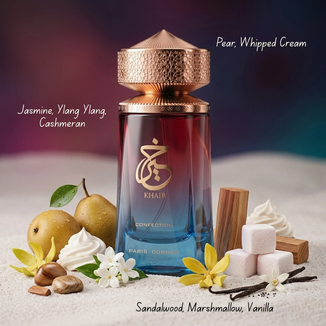 Paris Corner Khair Confection Eau de Parfum spray bottle, 100ml, with elegant packaging and floral fragrance design.