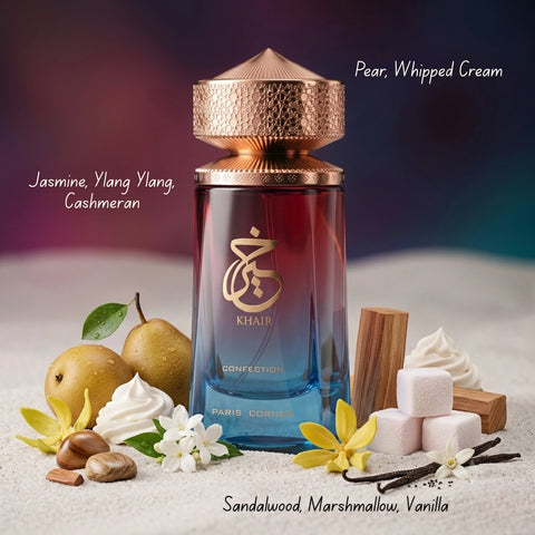 Paris Corner Khair Confection Eau de Parfum spray bottle, 100ml, with elegant packaging and floral fragrance design.