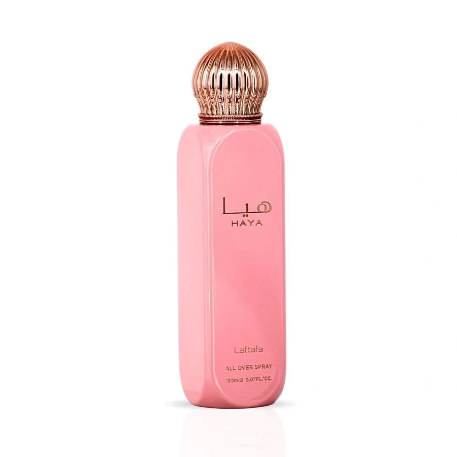 Lattafa Haya All Over Spray 150ml, featuring a sleek bottle with a spray nozzle and elegant label design.