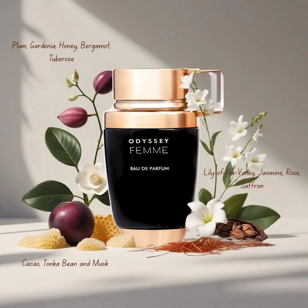 Odyssey Femme Eau de Parfum spray by Armaf, 100ml bottle, elegant packaging, showcasing the perfume's sophisticated design.