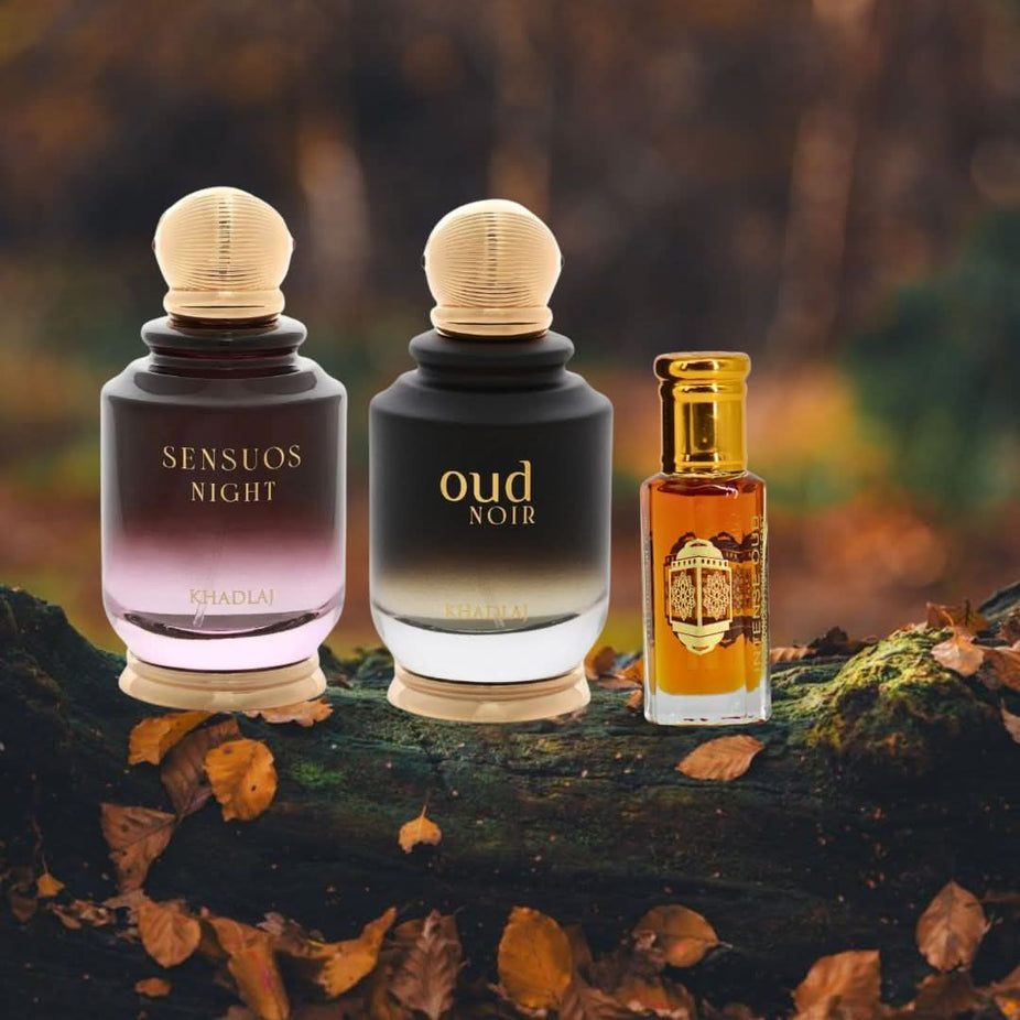 Intense Oud Sensuos Night Oud Noir gift set with 100ml Eau de Parfum spray, 12ml perfume oil, and magnetic gift box.