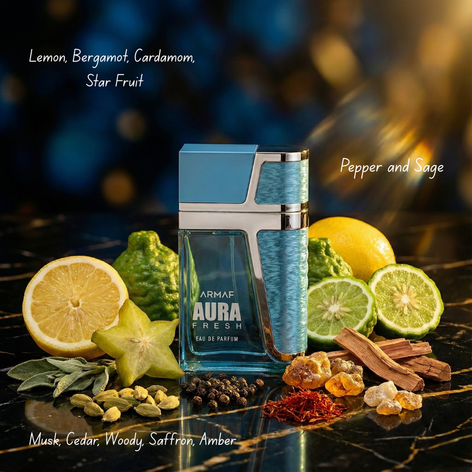 Aura Fresh Eau de Parfum spray by Armaf, 100ml bottle, with elegant packaging and a sleek, modern design.