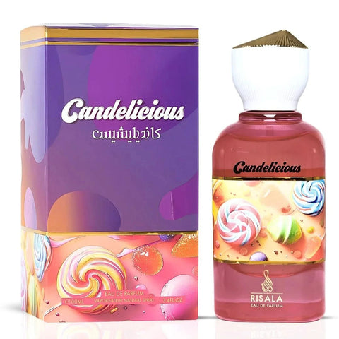 RISALA Candelicious Pista Kunafa & Kefi Frappe Eau de Parfum Spray bundle, 100ml each, featuring elegant fragrance bottles.