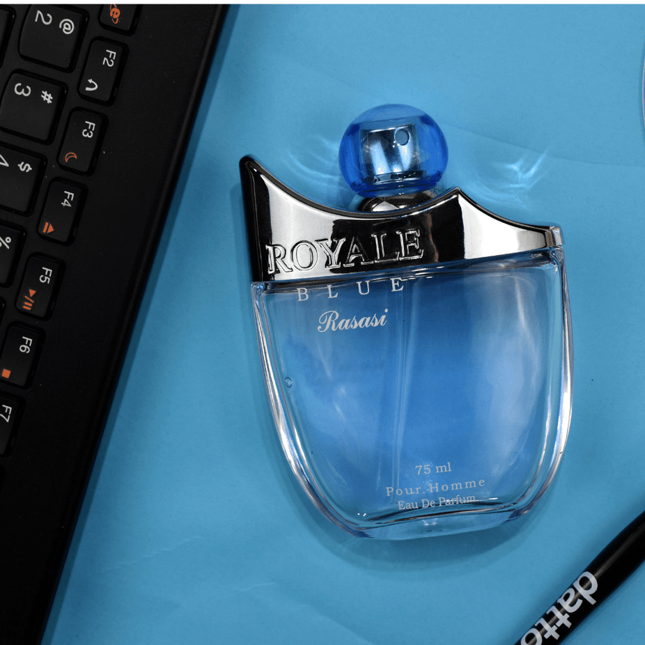 Rasasi Royale Blue Men Eau De Parfum 75ML bottle with sleek blue packaging and elegant design.