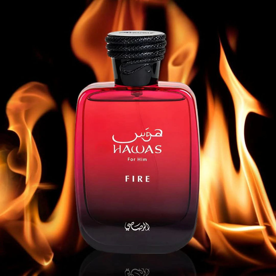 Rasasi Hawas for Him and Hawas Fire Eau de Parfum sprays in 100ml bundle, featuring sleek bottles and fragrance labels.