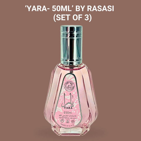 Three bottles of Ard Al Zaafaran Yara Eau de Parfum Spray in 50ml (1.7 oz) value pack, displayed with elegant packaging.