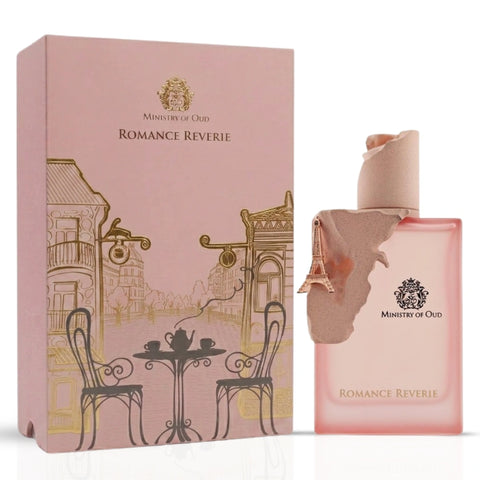 Bundle of Ministry of Oud Romance Reverie and Ard Al Zaafaran Ahlam Al Khaleej Eau de Parfum sprays by Intense Oud, featuring elegant perfume bottles.