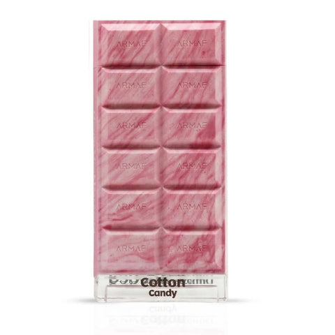 Dubai Delicacy Cotton Candy Eau de Parfum Spray by Armaf in a velvet pouch, 70ml, featuring a soft, sweet fragrance bottle.