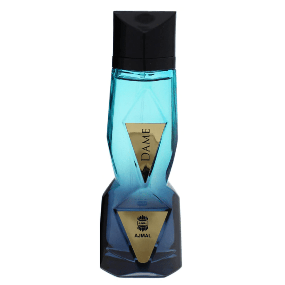 Ajmal Dame for Women EDP bottle, 100 mL, elegant glass perfume bottle with floral and fruity fragrance accents.