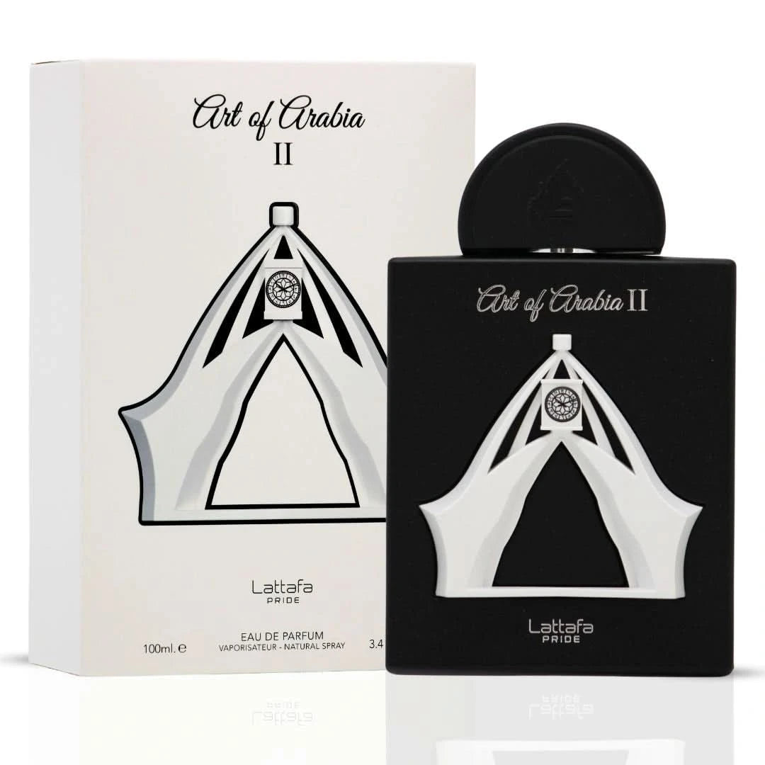 Lattafa Sur Mesure Noir & Art Of Arabia II Eau de Parfum sprays in a 100ml bundle, showcasing sleek black bottles with elegant designs.