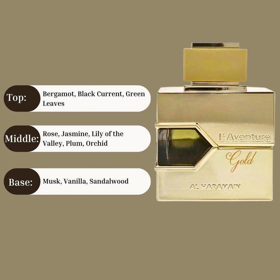 Al Haramain L'Aventure Gold EDP spray 100ml bottle with floral, luxurious fragrance for women, long-lasting and refreshing scent.