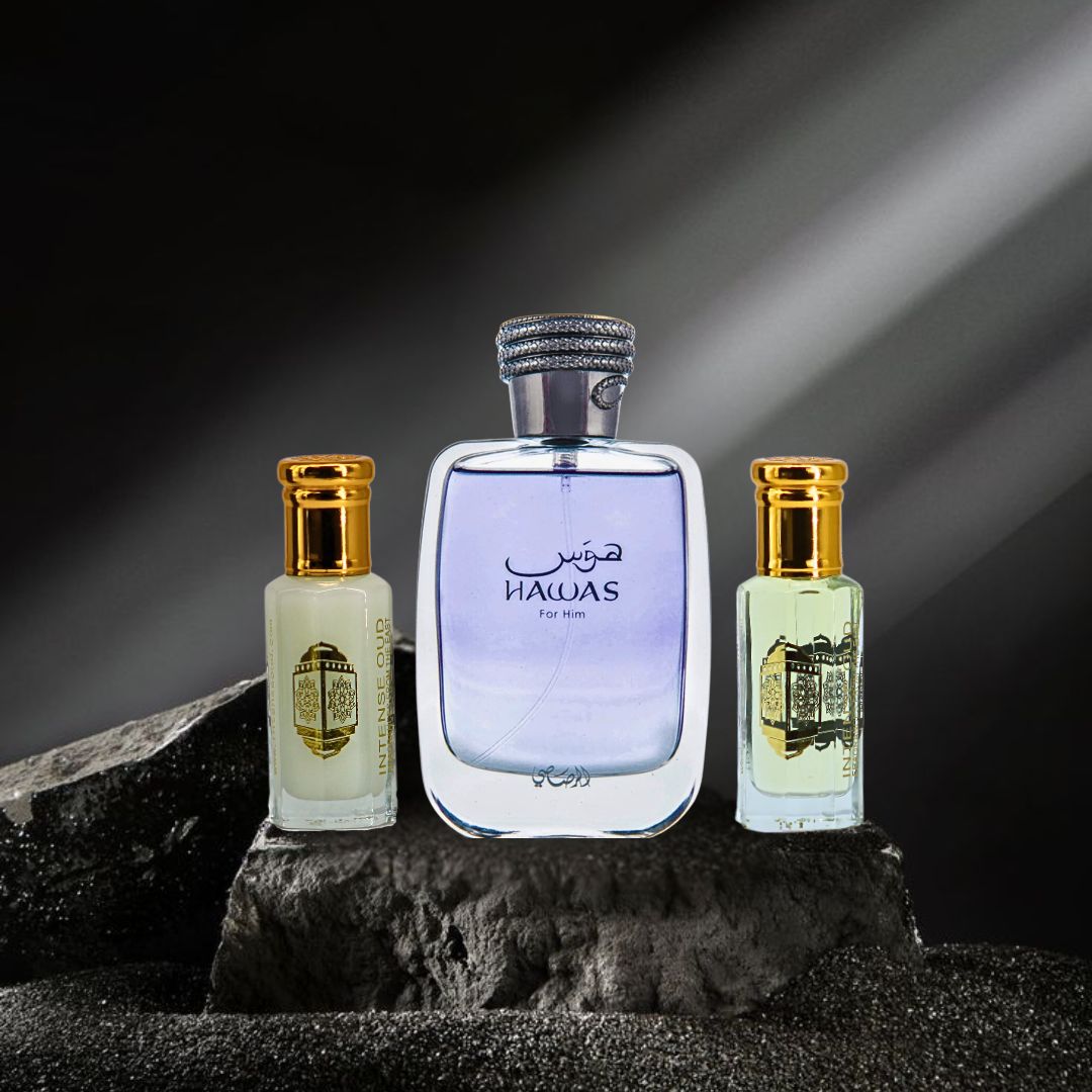 Hawas for Men EDP Spray 100ML (3.4 OZ) & Musk Tahara Perfume Oil 12ML (0.4 OZ) & Oudh Malak Perfume Oil 12ML (0.4 OZ) With Magnetic Gift Box | Redefine Your Aura With These Scents. - Intense Oud