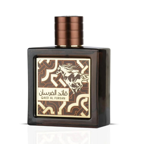 Qaed Al Fursan Untamed Eau de Parfum spray by Lattafa in a velvet pouch, 90ml bottle with elegant design.
