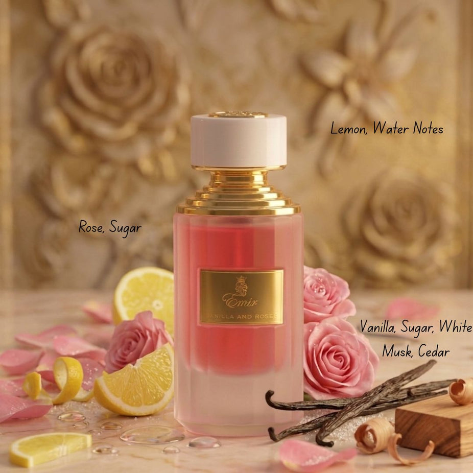 Emir Vanilla and Roses Eau de Parfum spray by Paris Corner, 100ml bottle with elegant floral and vanilla scent design.