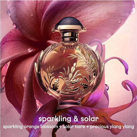 Paco Rabanne Olympea Solar Eau De Parfum Intense spray bottle, 50ml, with elegant packaging and fragrance details.
