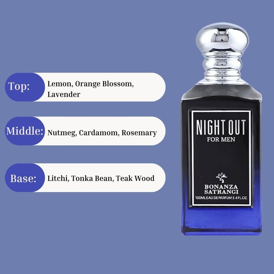 Bonanza Satrangi Night Out For Men EDP spray 100ML with sleek bottle, showcasing long-lasting, refreshing, and exotic fragrance.