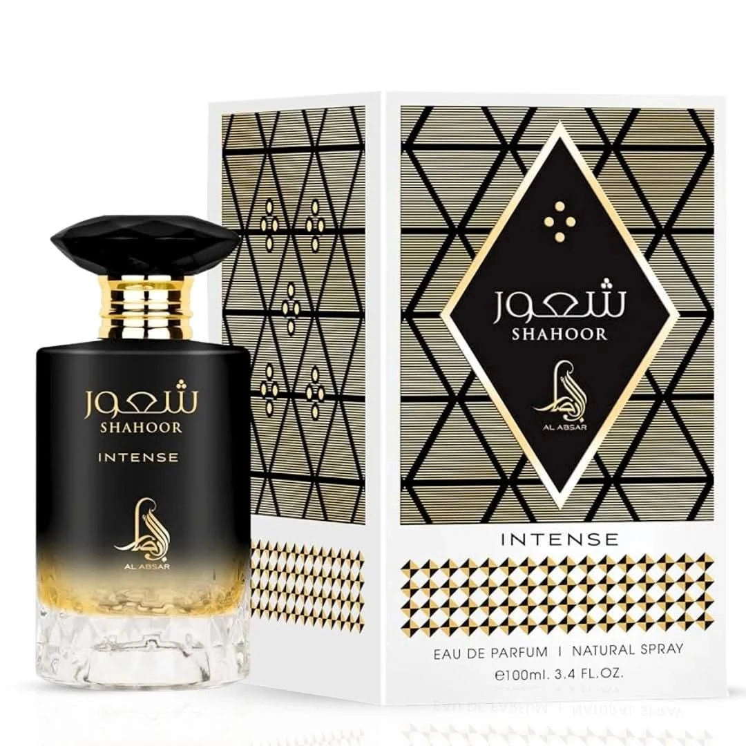 Bundle of Lattafa Eclaire Banoffi and Shahoor Intense Al Absar Eau de Parfum sprays, 100ml bottles, featuring elegant perfume bottles.