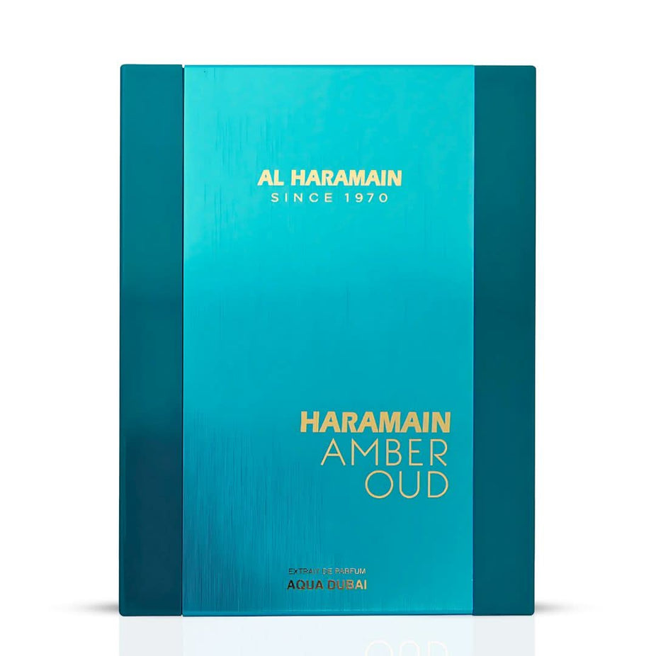 Amber Oud Aqua Dubai Extrait de Parfum spray by Al Haramain, featuring the elegant perfume bottle with a sleek design.