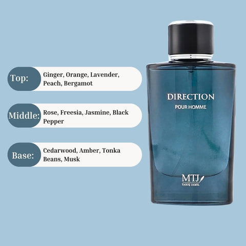 MTJ Direction Pour Homme EDP spray 100ml, masculine fragrance with floral and woody notes in a sleek bottle.