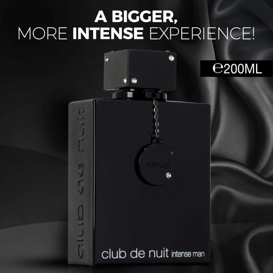 Armaf Club De Nuit Intense Man Eau de Parfum spray bottle, 200ml, with sleek black packaging and silver cap.