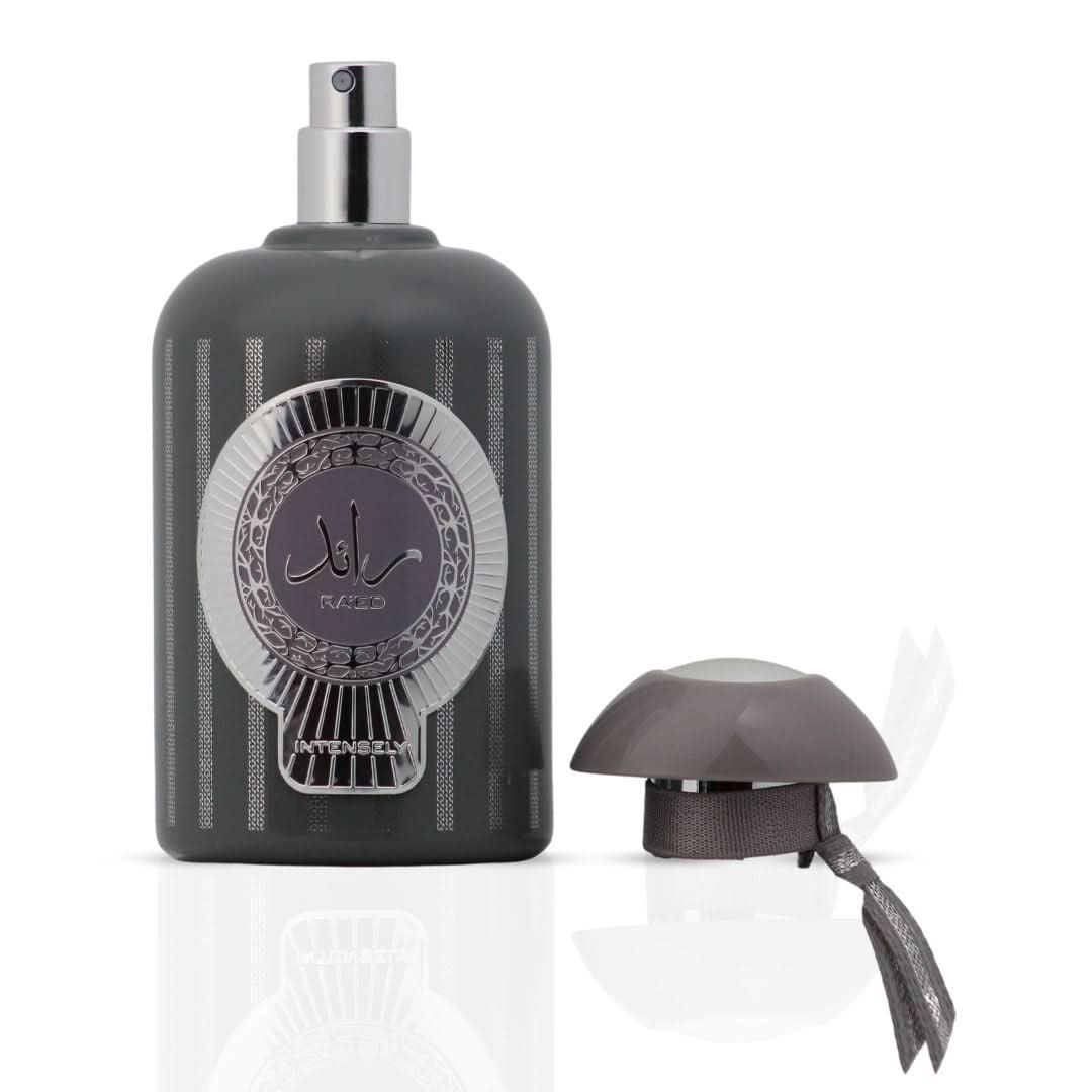Lattafa Ra'ed Intensely Eau de Parfum spray 100ml bottle with sleek packaging and elegant design.