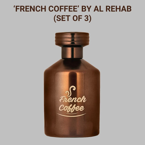 Al Rehab French Coffee Eau de Parfum spray in a 100ml bottle, shown in a value pack of three with elegant packaging.
