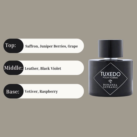 Bonanza Satrangi Tuxedo EDP spray 100ML, a luxurious fruity and leathery fragrance in a sleek bottle.