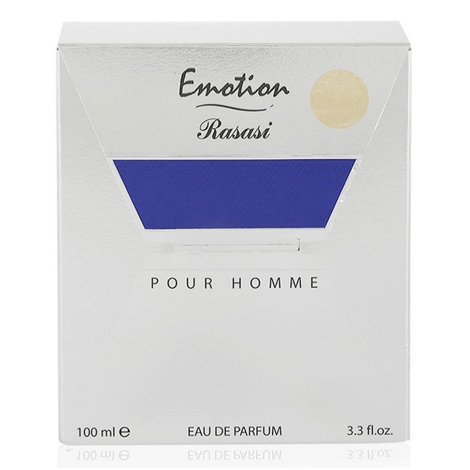 Rasasi Emotion Pour Homme Eau de Parfum spray 100ml bottle, sleek design, with elegant packaging and fragrance notes visible.