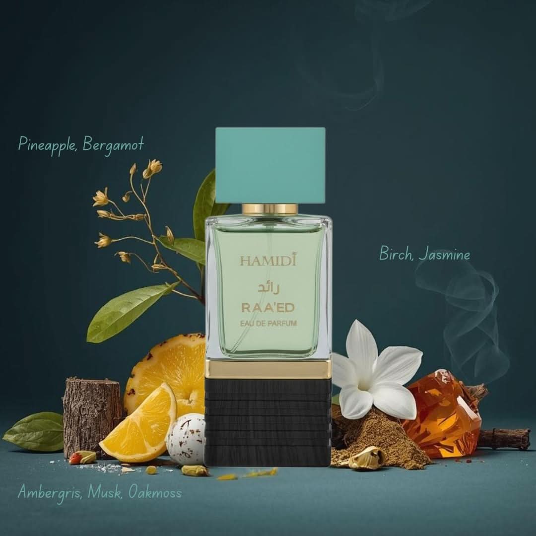 Hamidi Raeed Eau de Parfum Spray 100ml bottle with elegant packaging and floral scent design visible in the image.