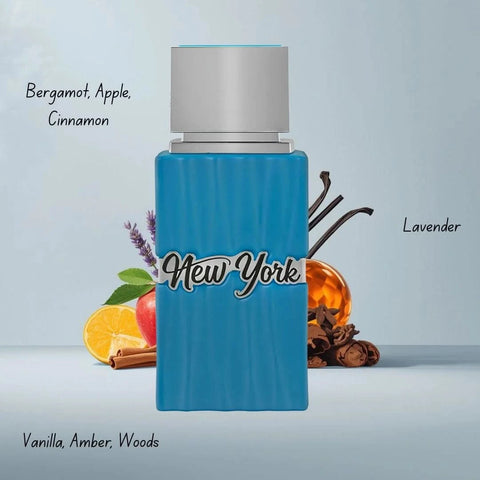 Hamidi New York Dream Eau de Parfum spray in 100ml bottle with velvet pouch, elegant fragrance presentation.