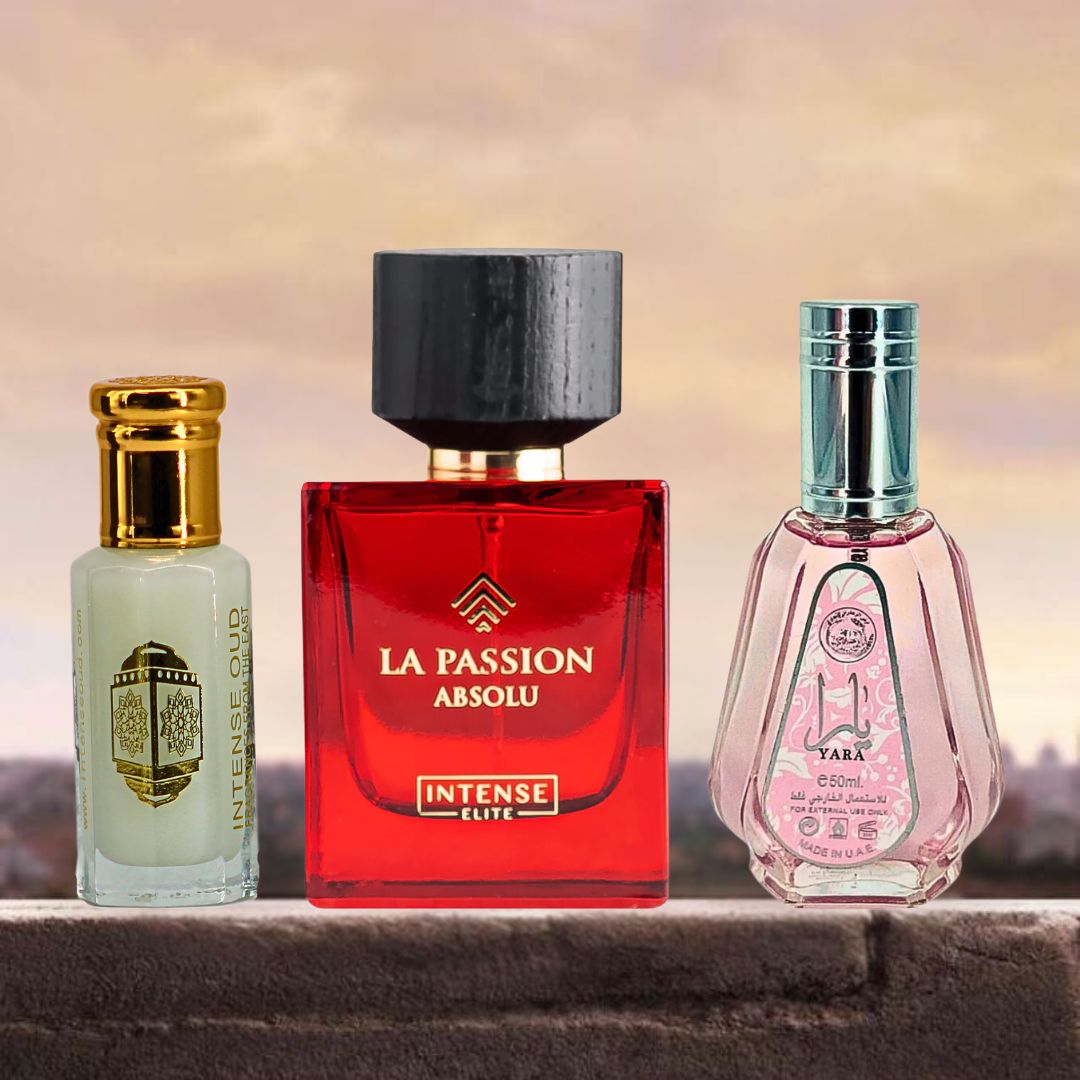 Yara EDP Spray 50ML (1.7 OZ), Musk Tahara Perfume Oil 12ML (0.4 OZ), La Passion Absolu For Women EDP Spray 100ML (3.4 OZ) With Magnetic Gift Box | Celebrate Your Grace With These Scents. - Intense Oud
