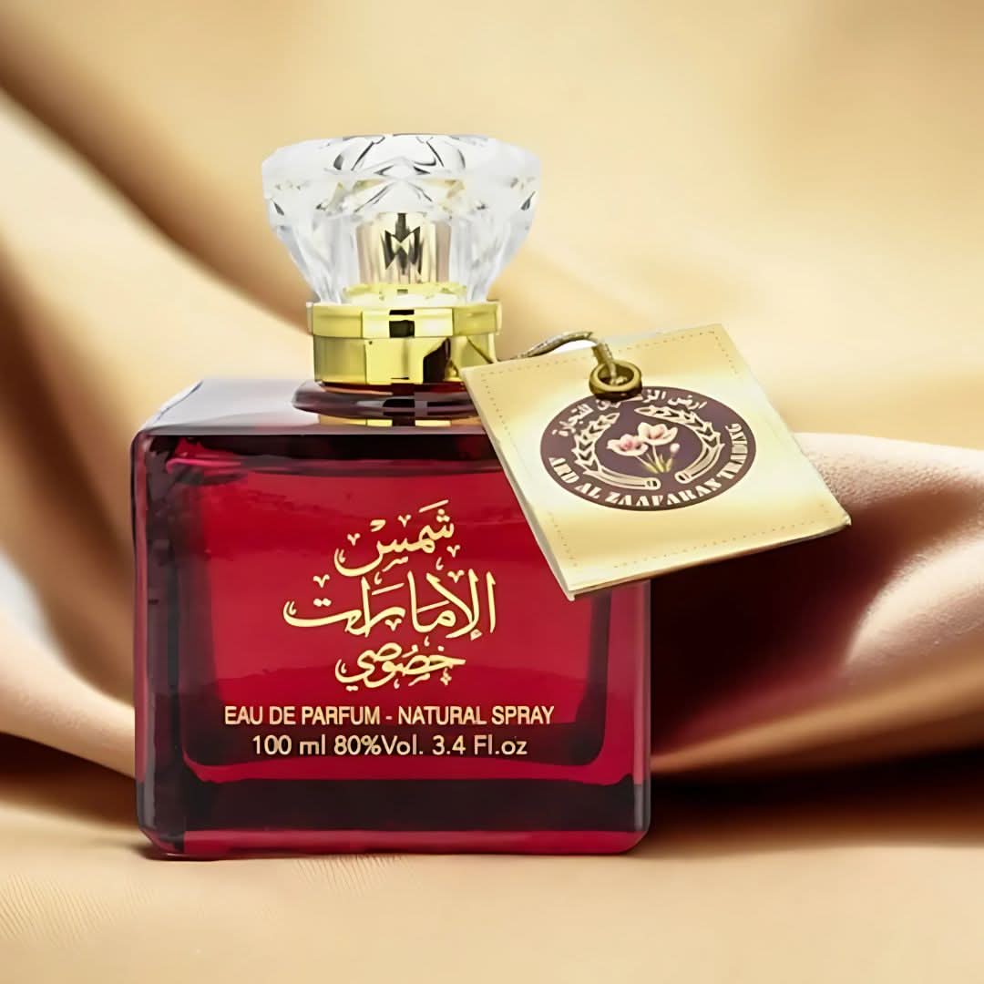 Ard Al Zaafaran Shams Al Emarat Khususi and Pink Blush Eau de Parfum sprays, 100ml bundle, featuring elegant perfume bottles.