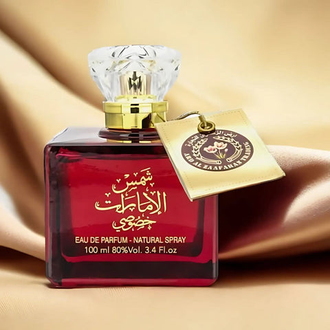 Ard Al Zaafaran Shams Al Emarat Khususi and Pink Blush Eau de Parfum sprays, 100ml bundle, featuring elegant perfume bottles.