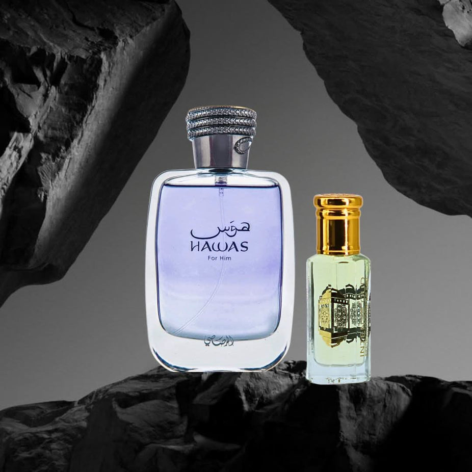 Intense Oud gift set with Hawas for Men Eau de Parfum 100ml and Oudh Malak perfume oil 12ml in a magnetic box, luxury fragrance duo.