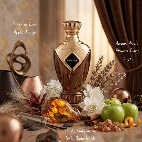 Prodigy Eau de Parfum Spray by Paris Corner, 100ml bottle, elegant packaging, showcasing the perfume bottle with floral accents.