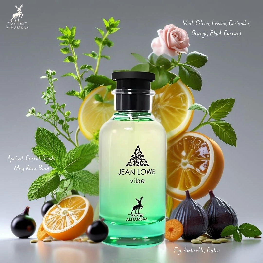 Jean Lowe Vibe Eau De Parfum Spray 100ml (3.4 oz) by Maison Alhambra | A Fresh Symphony of Zesty Greens & Sun-Kissed Fruit - Intense Oud