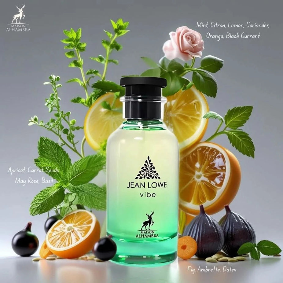 Maison Alhambra Jean Lowe Vibe Eau De Parfum spray 100ml bottle with sleek design and elegant packaging.