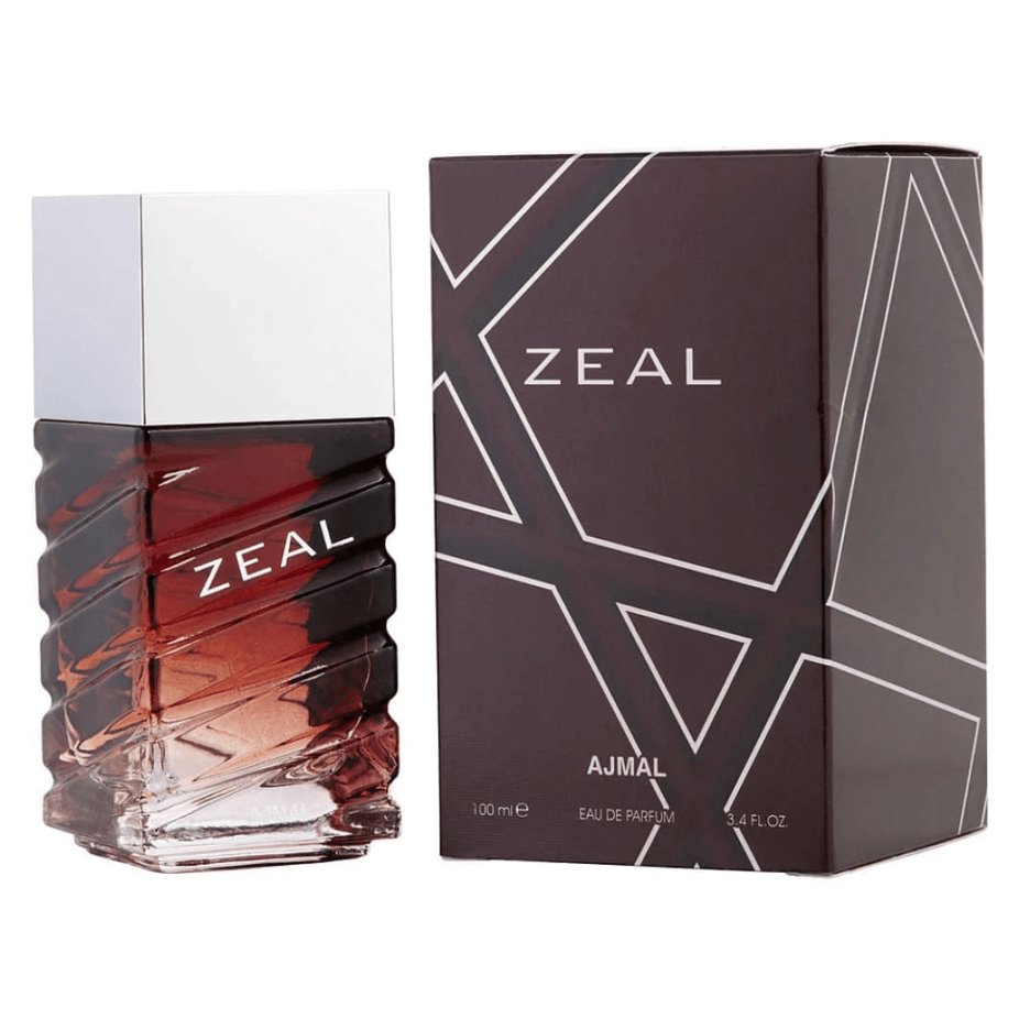 Ajmal Zeal for Men Eau De Parfum 100ml bottle with sleek design and cap, showcasing the men's fragrance product.