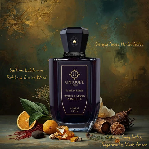 Unique'e Luxury Woud & Mood Absolute Extrait de Parfum 100ml EDP bottle with elegant packaging and dark, aromatic design.