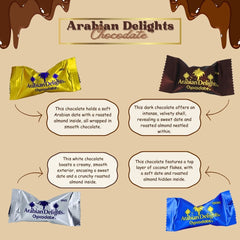 Arabian Delights Chocodate Assorted Pouch 460 GMS by Intense Delish | A Variety of Milk, Dark, White & Coconut Flaked Chocolates with Almond-Stuffed Dates Coated in Chocolate. - Intense Oud