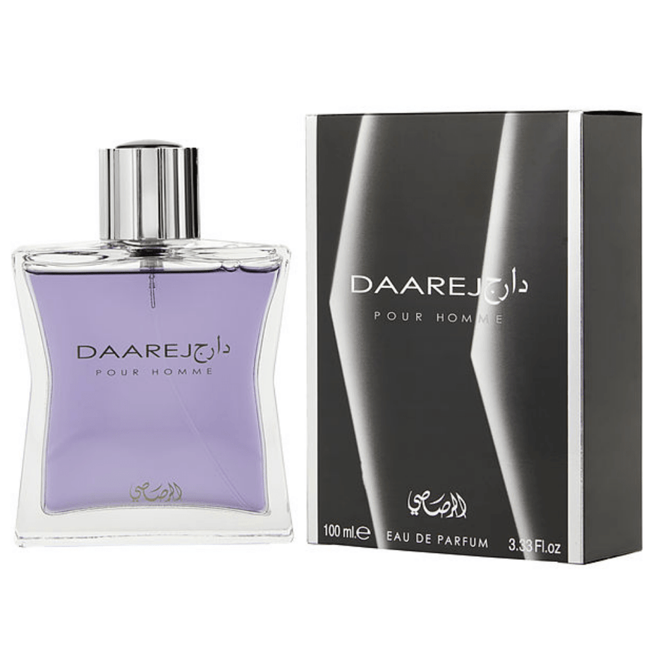 Daarej EDP couple set by Rasasi, 100ml bottles for men and women, featuring elegant perfume bottles with intricate designs.