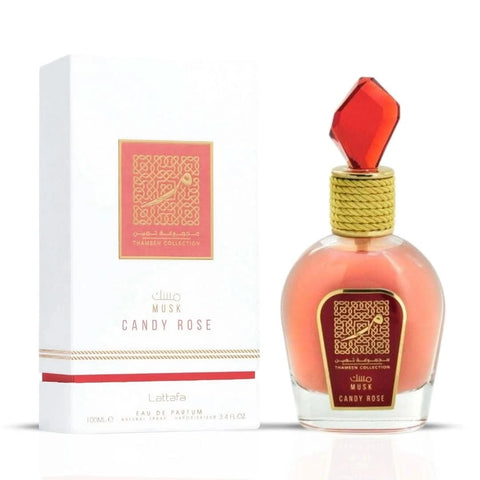 Lattafa Candy Rose, Musk So Poudrée & Sugar Plum Eau de Parfum bundle, 100ml, featuring elegant perfume sprays in a sleek set.