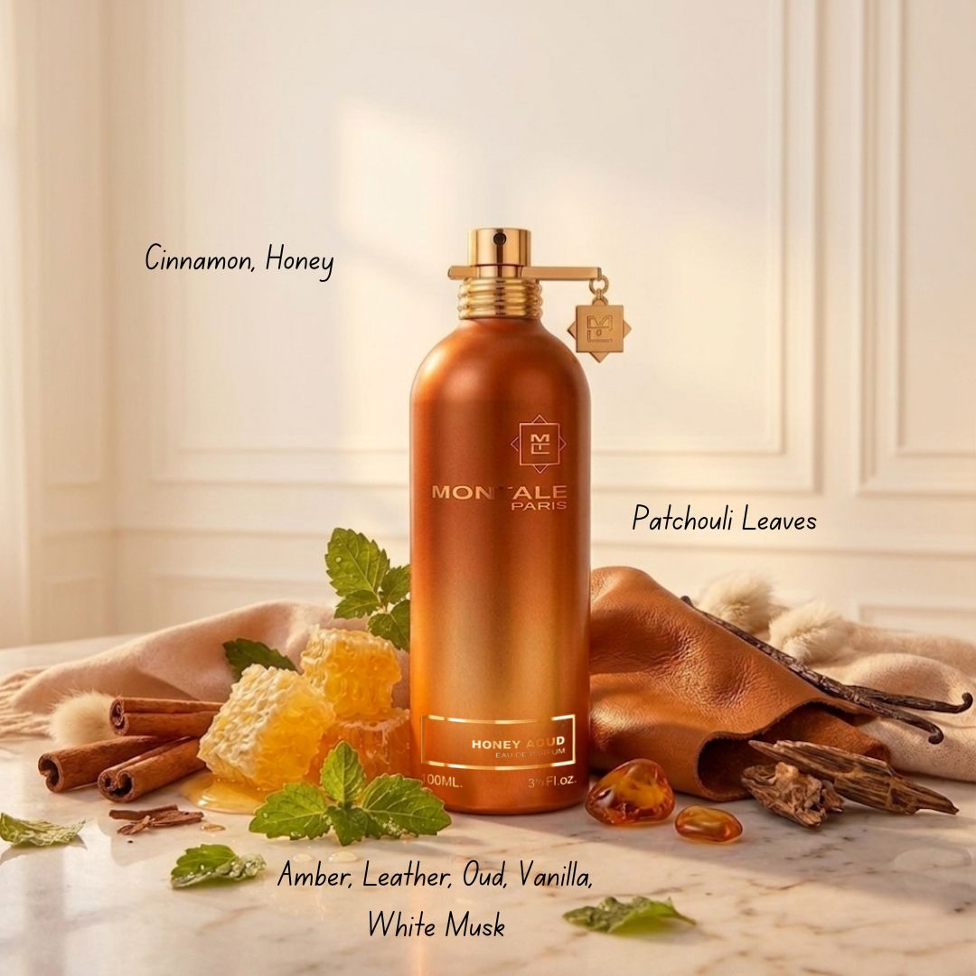 Montale Honey Aoud Eau de Parfum spray 100ml bottle, featuring a sleek glass design with a gold cap, on a neutral background.