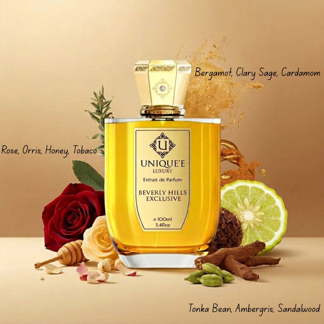 Beverly Hills Exclusive Extrait de Parfum 100ml by Unique'e Luxury, elegant perfume bottle with gold accents and sleek design.