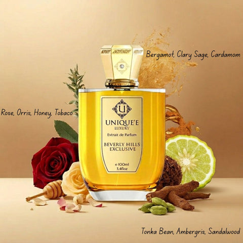 Beverly Hills Exclusive Extrait de Parfum 100ml by Unique'e Luxury, elegant perfume bottle with gold accents and sleek design.