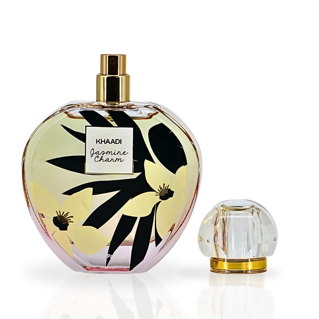 Jasmine Charm Eau de Parfum spray by Khaadi, 100ml bottle with elegant floral design and clear glass packaging.
