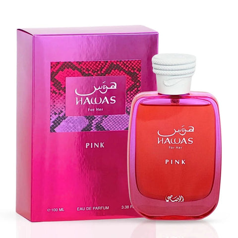 Rasasi Hawas Ice for Him and Hawas Pink for Her 100ml Eau de Parfum bundle, featuring two elegant perfume bottles.