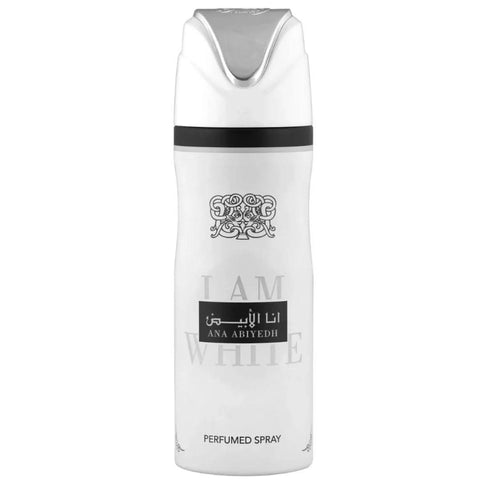 Lattafa Ana Abiyedh Deodorant 200ML spray bottle with elegant design and white cap, showcasing the product's packaging.